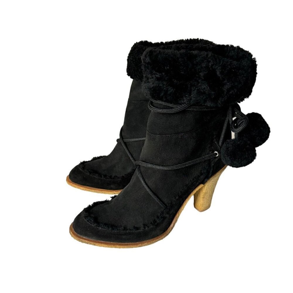 DIOR Boots Sz.9.5 Black Suede Shearling High Heel Pom Pom Drawstrings Fur Trim